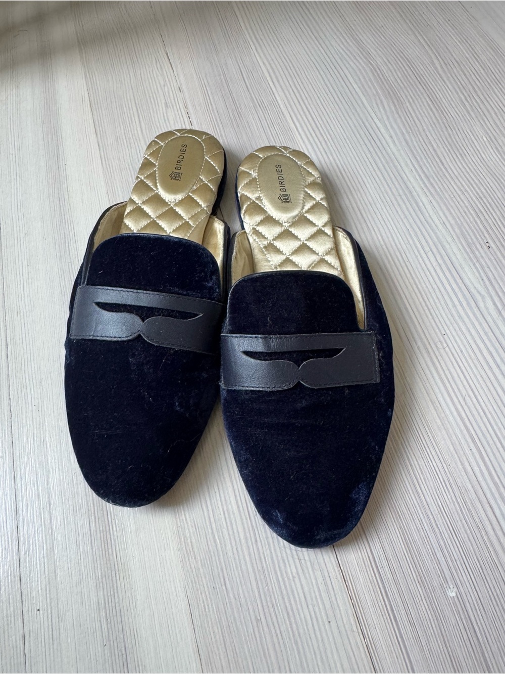 Birdies Navy Velvet Backless Slippers with Gold Quilted Insole